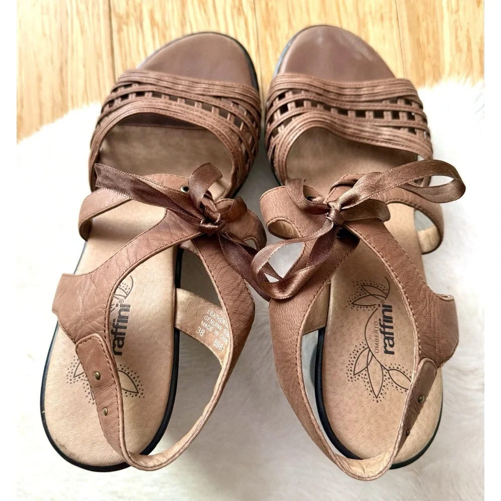 Umberto Raffini womens brown wedges with front tie open toe size 38 Or‎ 7.5